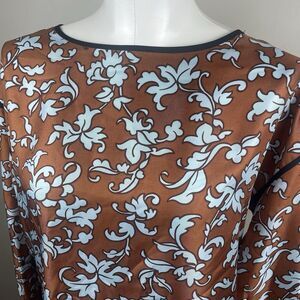 TORY BURCH Size XS Floral print Long Sleeve Silk Blouse In Orange Brown Luxury